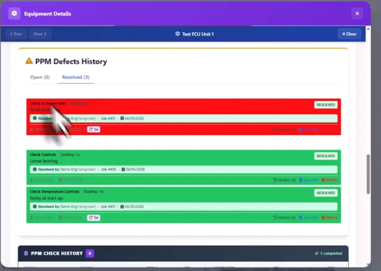 Audit trail card showing per task completion who completed it timestamp notes and resolved defect link