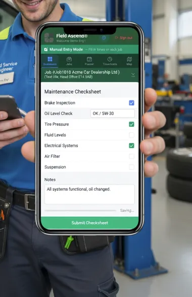 Technician completing a maintenance checksheet and work order on the mobile CMMS app