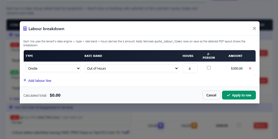 Per-task labor calculator popover showing rate band dropdown labor type hours input and 2-person checkbox with live amount preview
