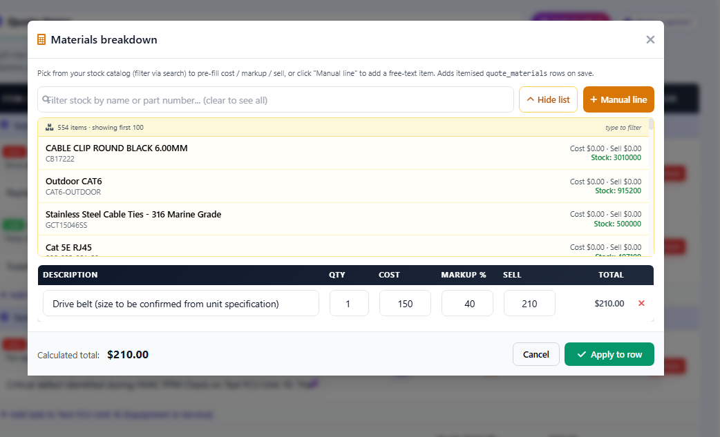 Materials calculator popover with stock catalog search and selected items showing cost markup percent sell price and quantity columns