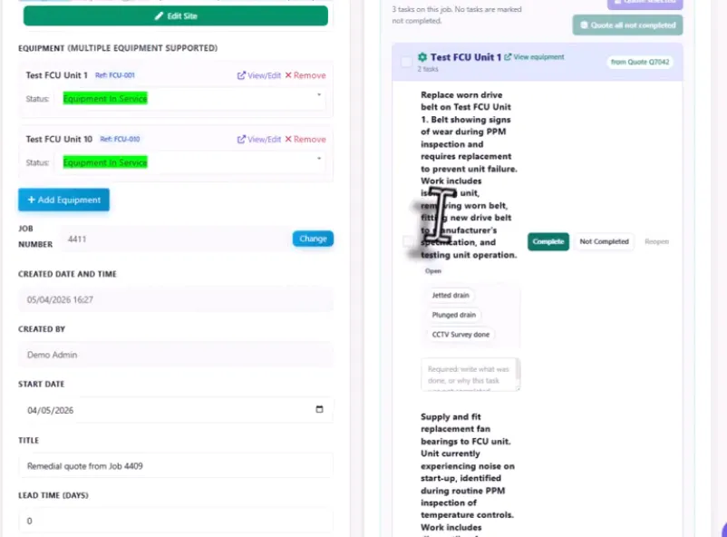 Quote to work order task flow for construction follow-up work