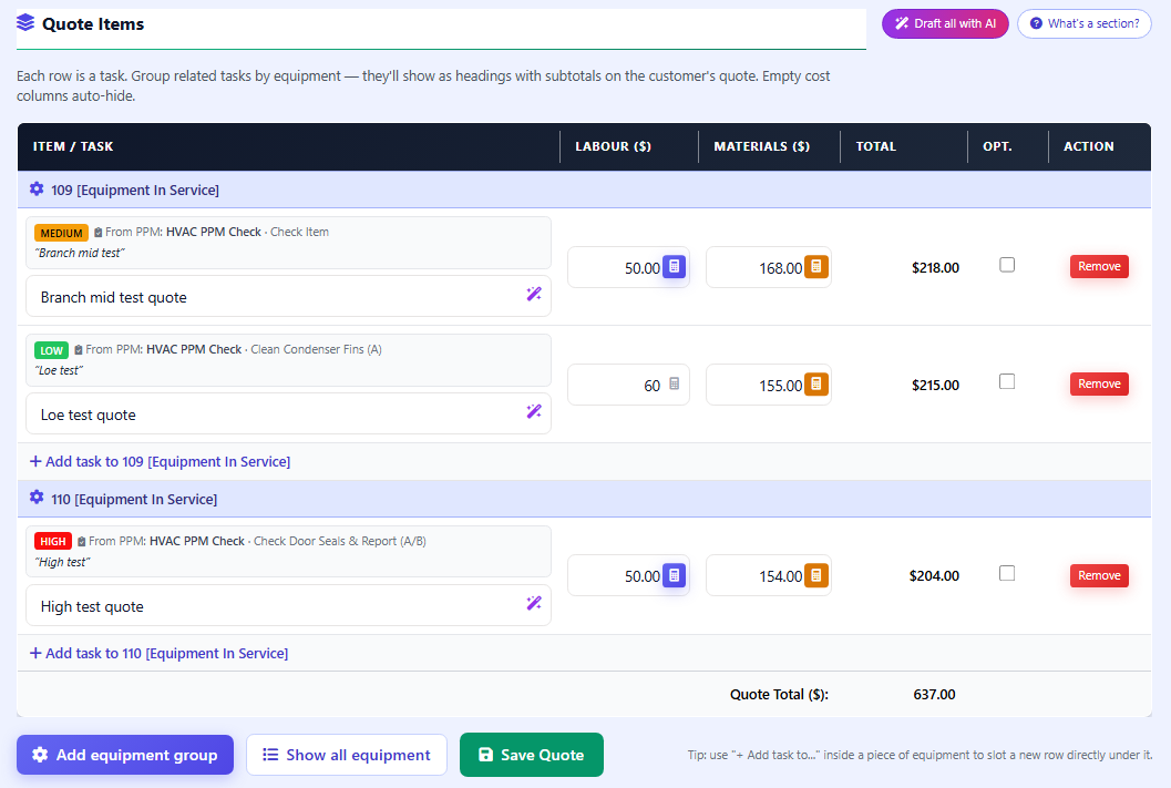 Structured quote builder showing sections AHU 1 Remedials and FCU 4 Remedials with editable task rows, labor and materials columns, and per-section subtotals