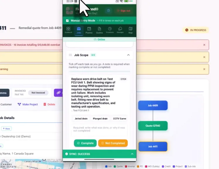 Technician mobile app tap-to-complete modal showing task title completion notes textarea and quick phrase chips Replaced and tested OK Site left clean visible underneath