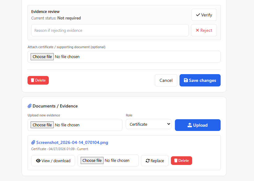 Training evidence review screen showing verified and rejected certificate evidence